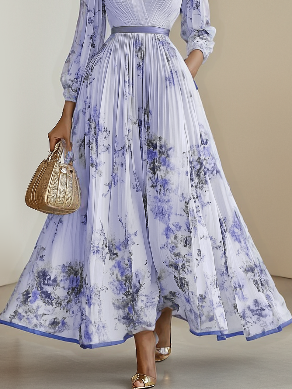 White Pleated Chiffon V Neck Floral Long Sleeve Balloon Sleeve A-Line Maxi Dress