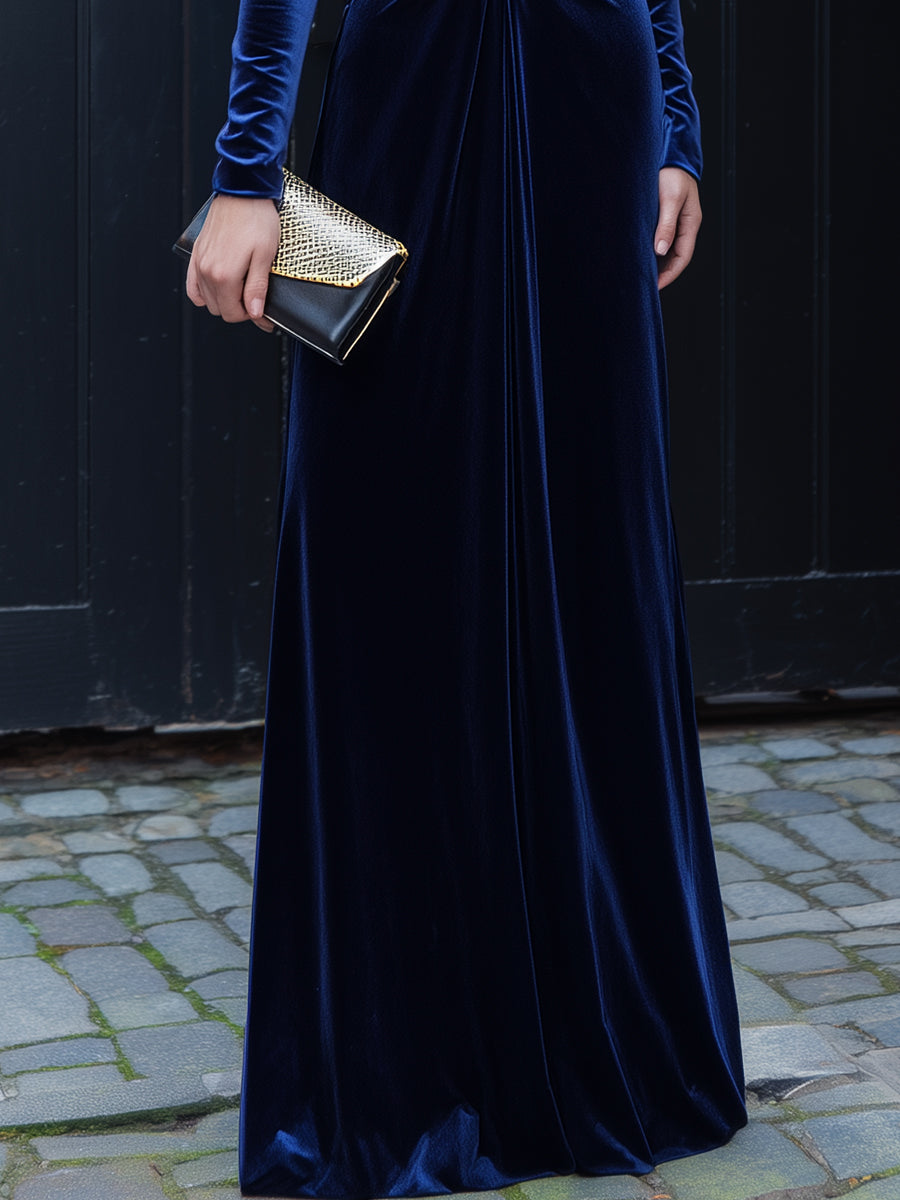 Midnight Blue Velvet Deep V-Neck Ruched Evening Gown