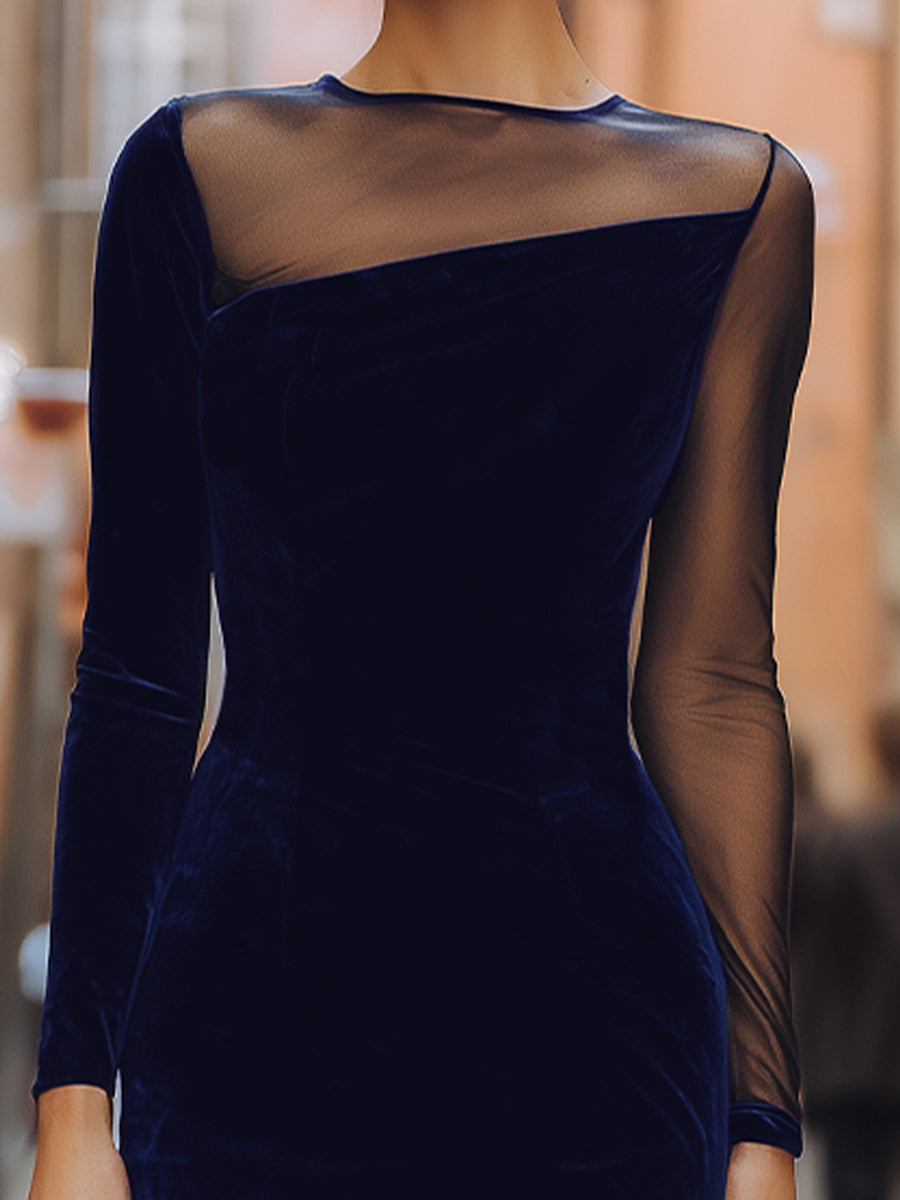 Sheer-Yoke Velvet Bodycon Midi Dress