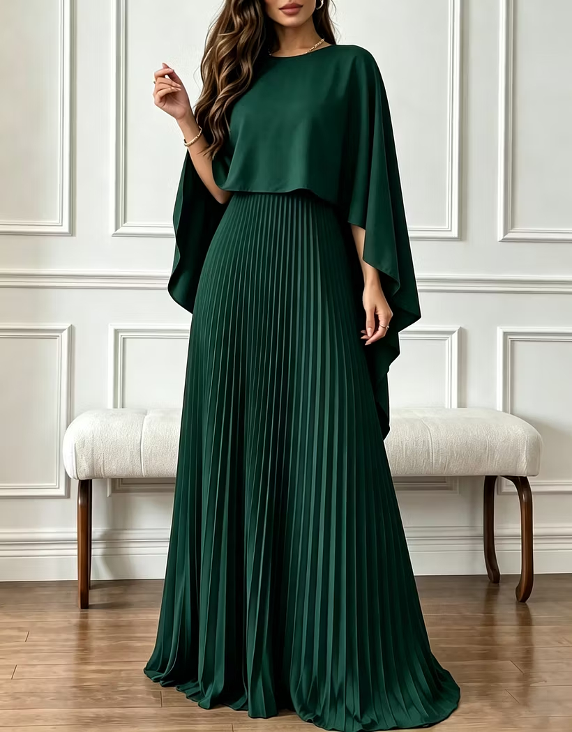 Round Neck Chiffon Cape Overlay Evening A‑Line Maxi Dress