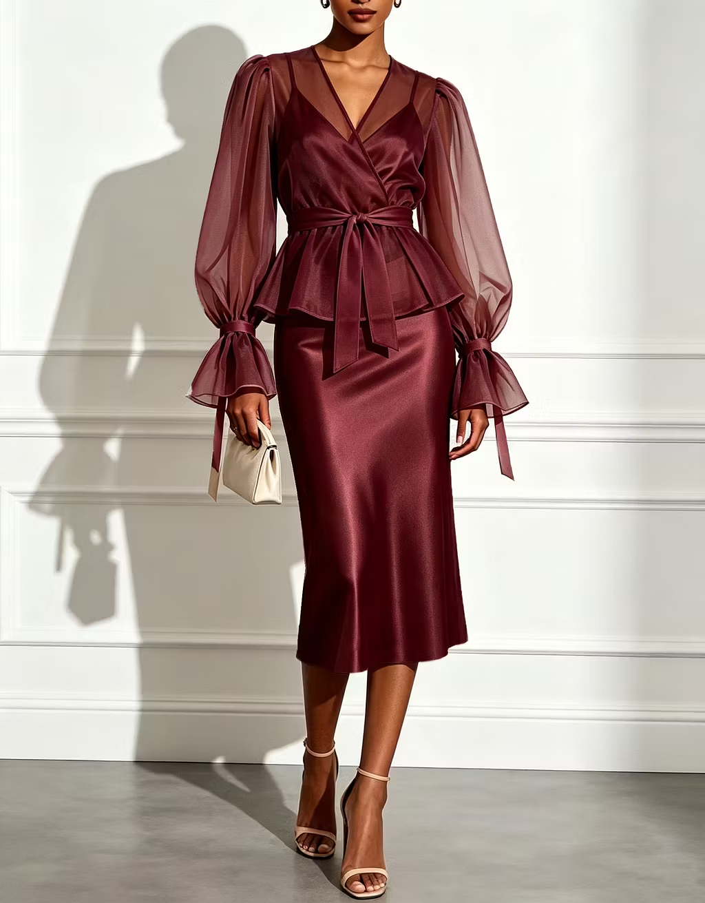 Champagne Chiffon Puff‑Sleeve Overlay Top with Belt & Satin Cami Midi Dress