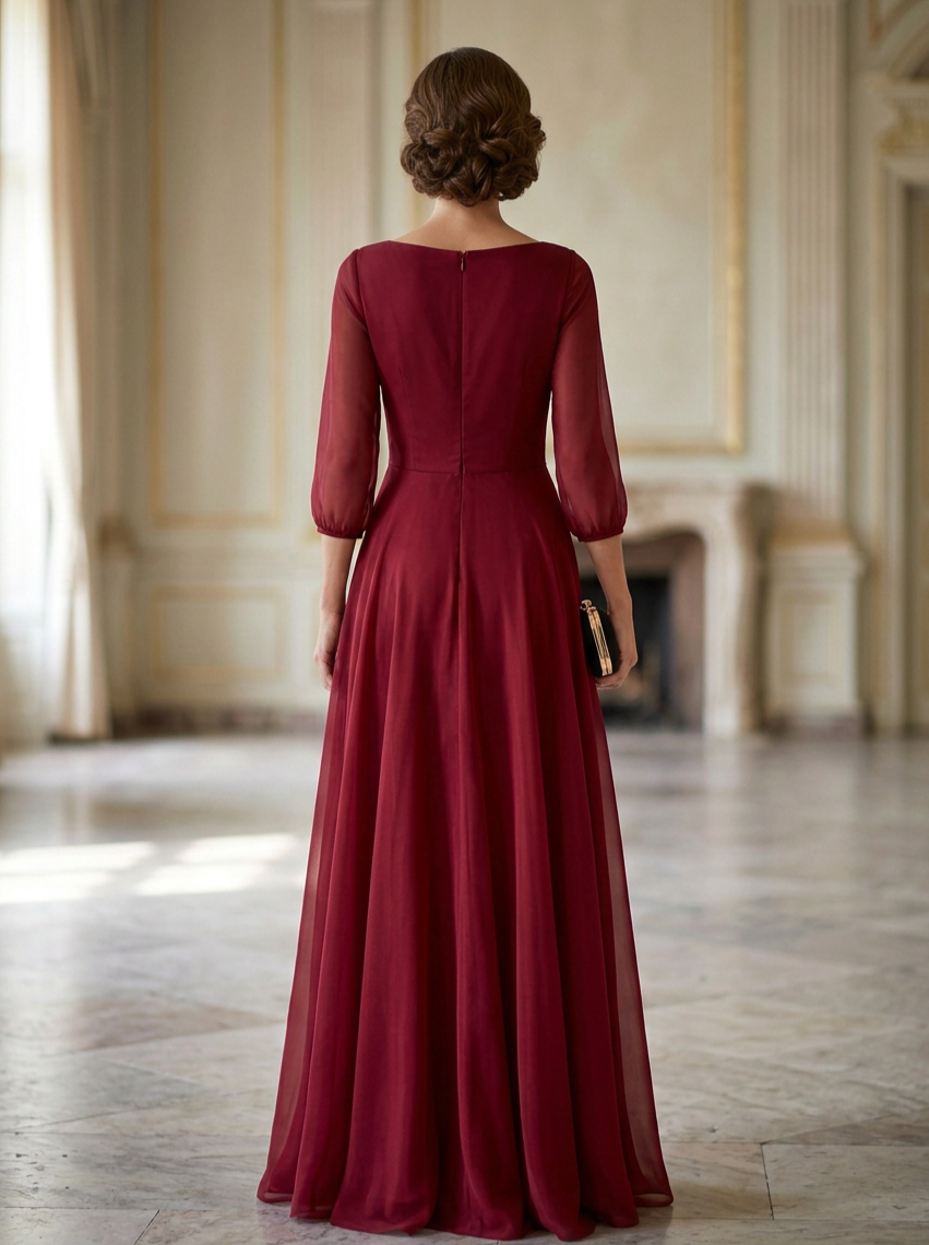 Burgundy Boat-Neck Mesh-Sleeve Ruched Twist Maxi Dress