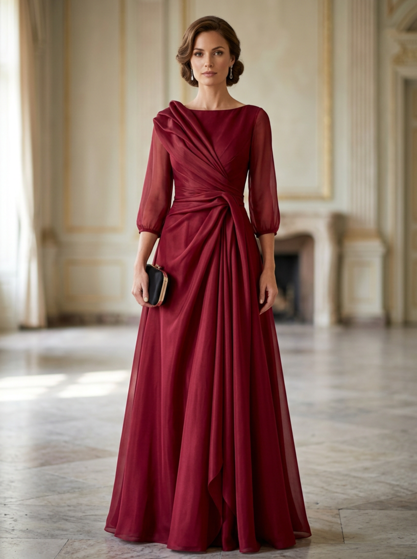 Burgundy Boat-Neck Mesh-Sleeve Ruched Twist Maxi Dress