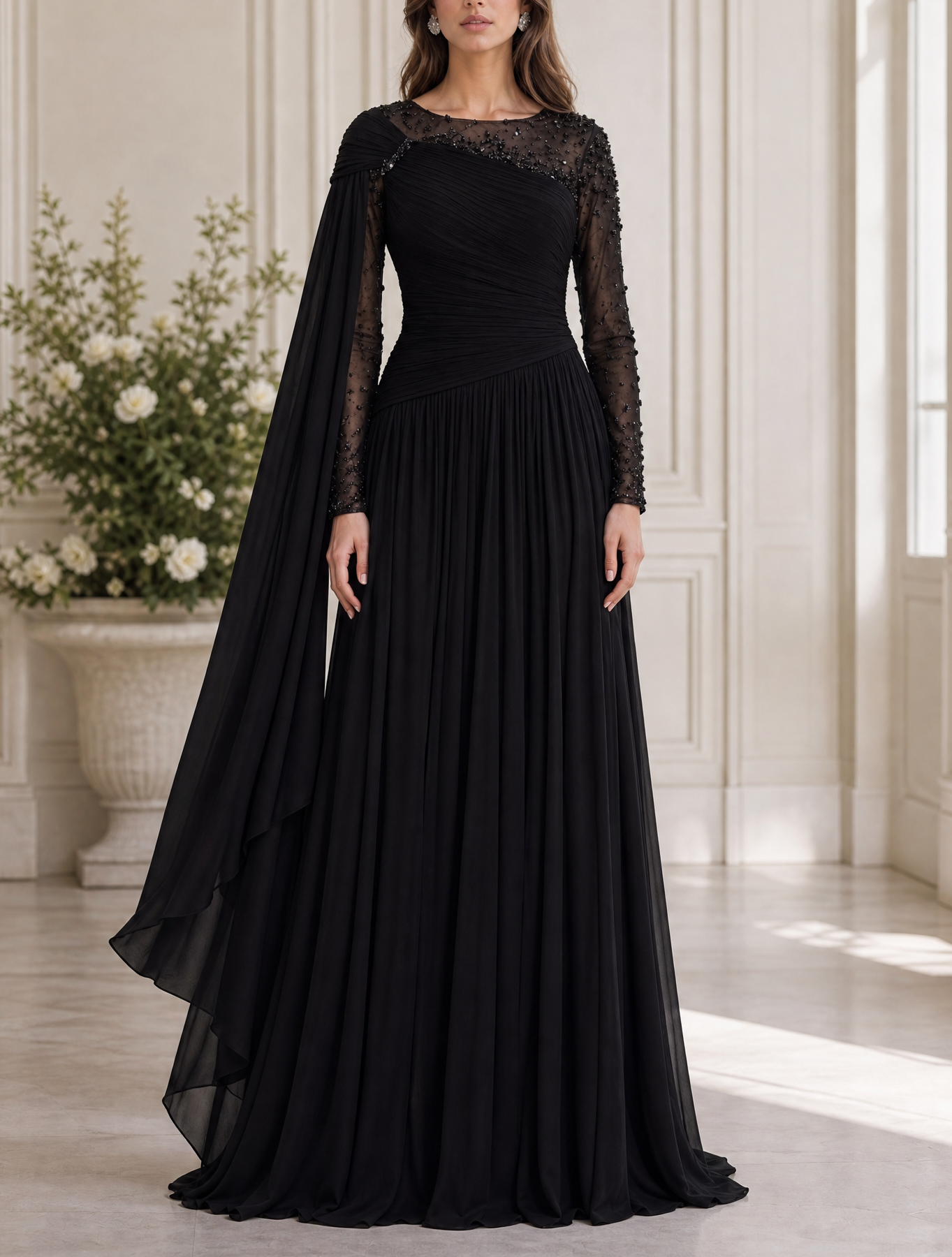 Black One-Shoulder Beaded Long Sleeve Pleated Floor-Length Gown Dress