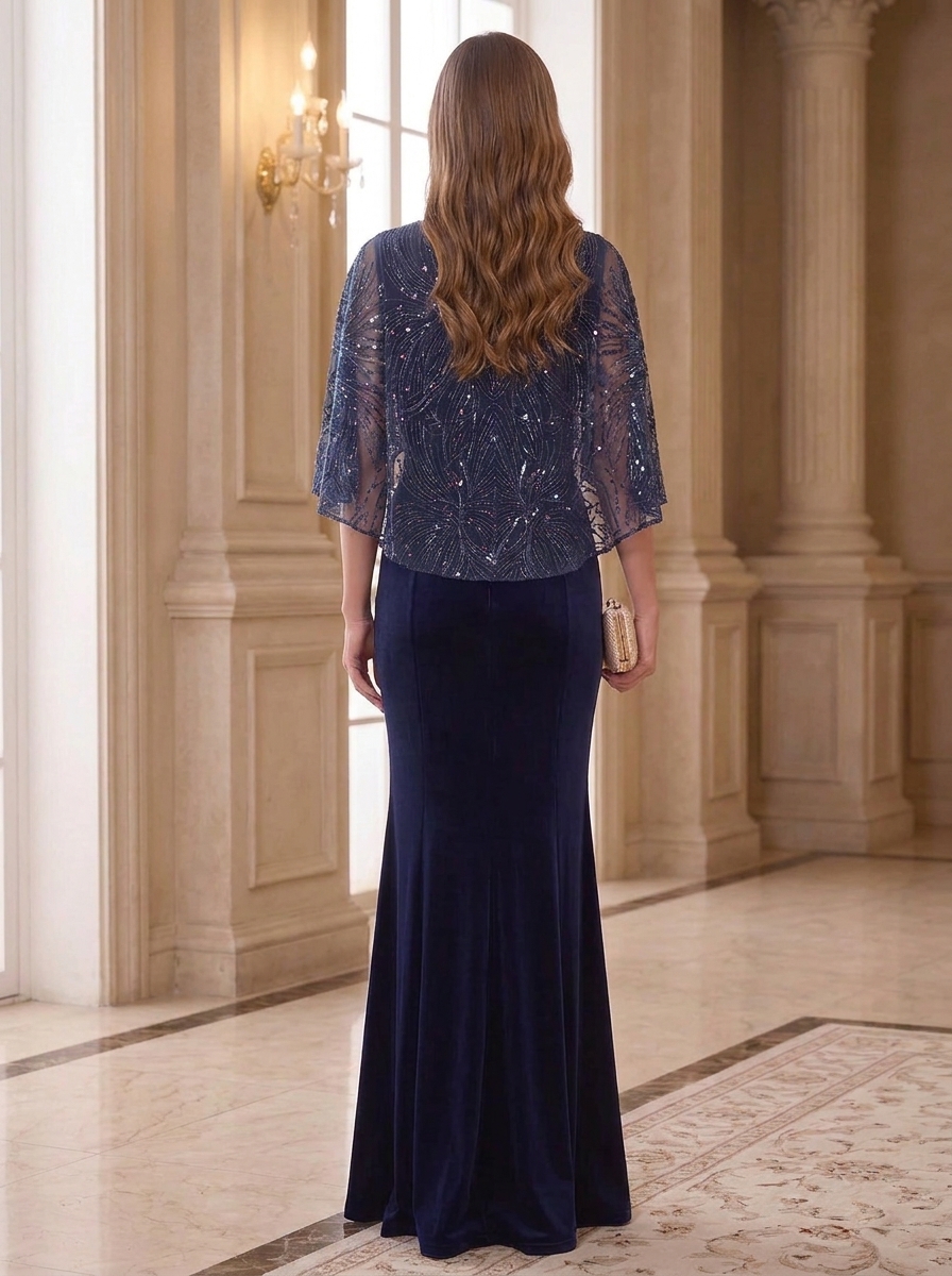 Navy Blue Round Neck 3/4 Cape Sleeve Sequin Embellished Mermaid Maxi Dress