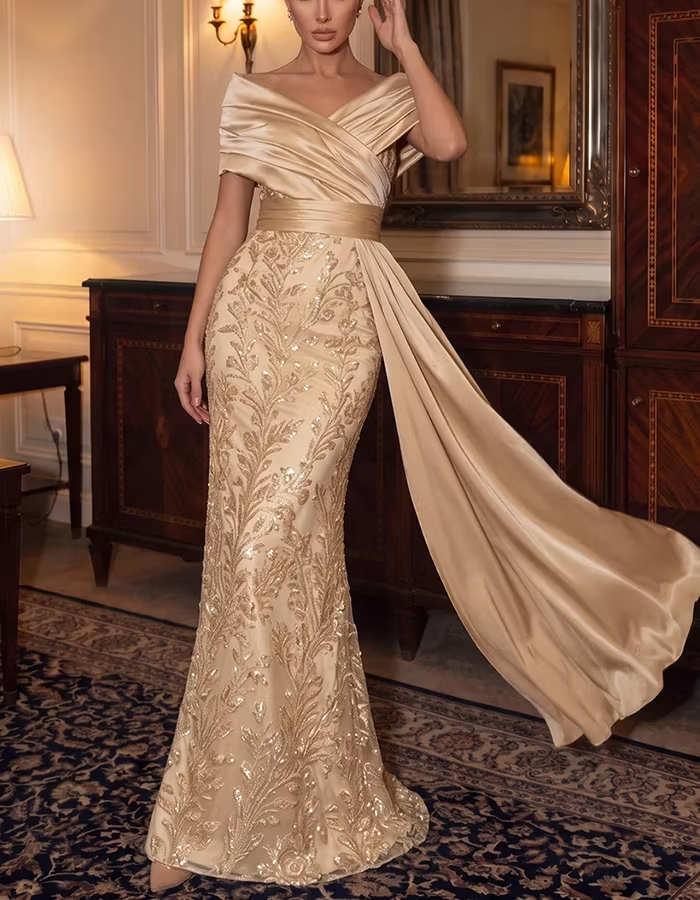 Champagne Off‑Shoulder Satin Sequin Embroidery Maxi Dress