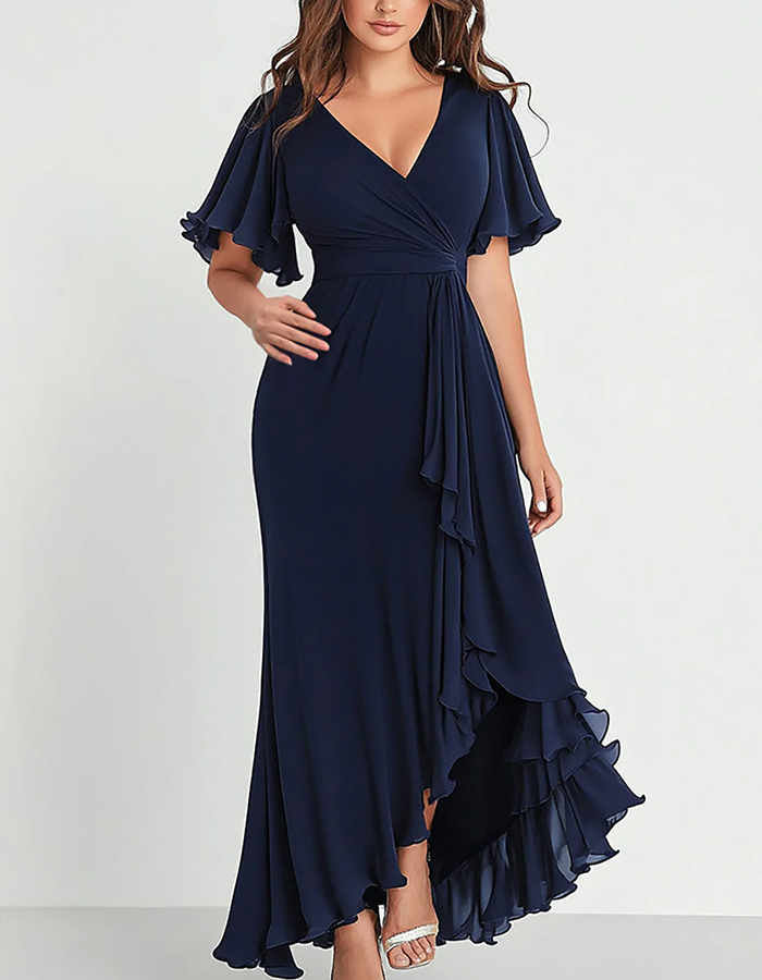 Navy Blue Flutter Sleeve Chiffon High-Low Midi Dress