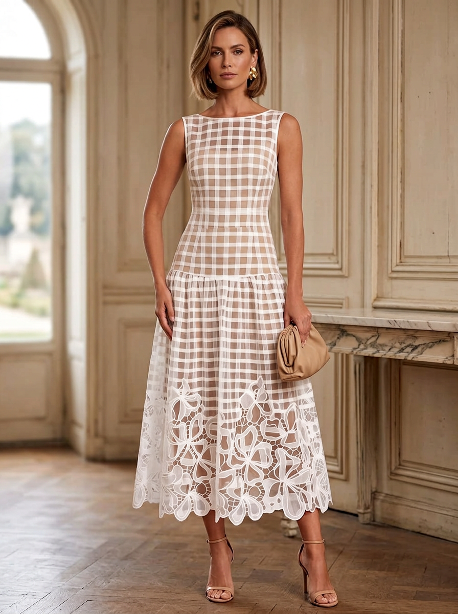 White Boat Neck Sleeveless Gingham Cutwork Lace Floral Hem Fit & Flare Midi Dress