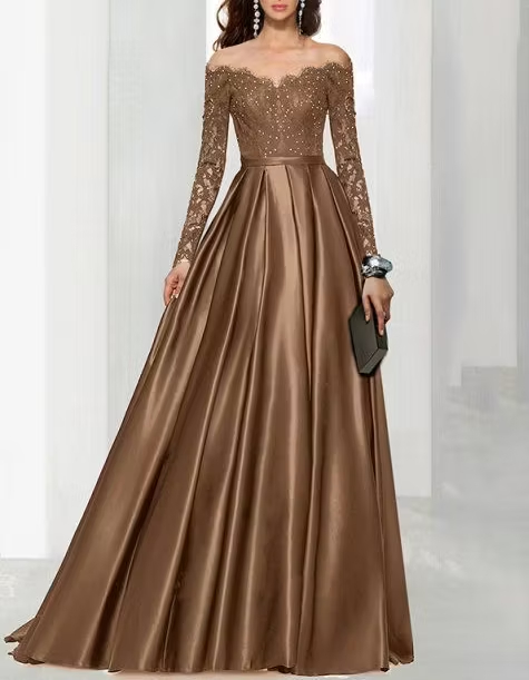 Blue Off‑the‑Shoulder Lace Embroidered Satin Long‑Sleeve A‑Line Evening Maxi Dress