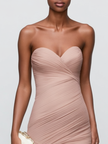 Pink 3D Floral Ruched Tulle Strapless Sleeveless Mermaid Maxi Dress