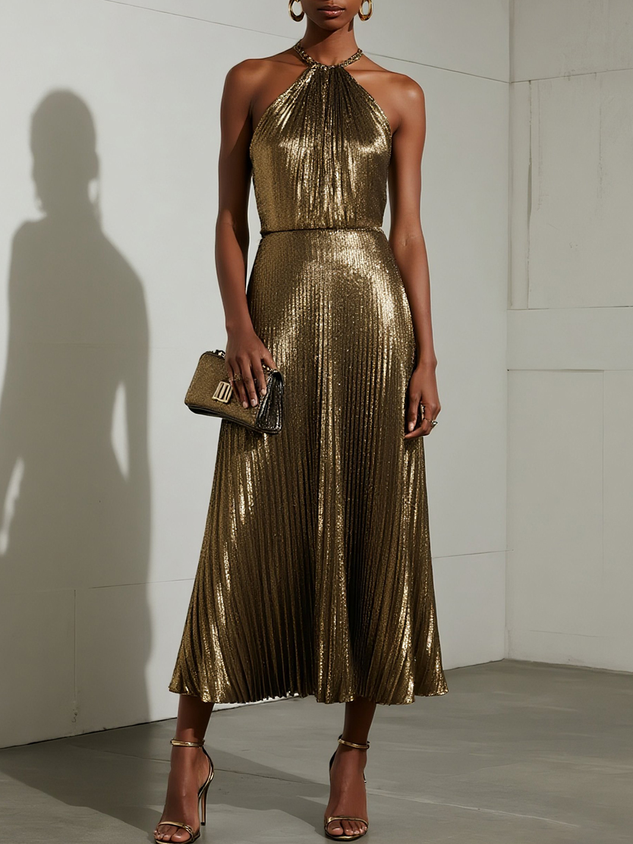 Yellow Brown Pleated Satin Halter Sleeveless A-Line Maxi Dress