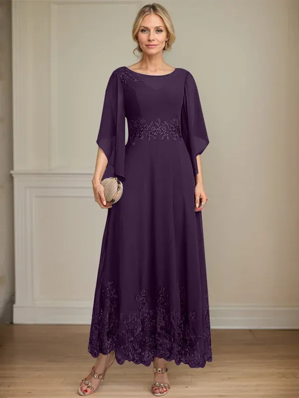 A-line Scoop Illusion Ankle-Length Lace Chiffon Mother of the Bride Dress With Sequins