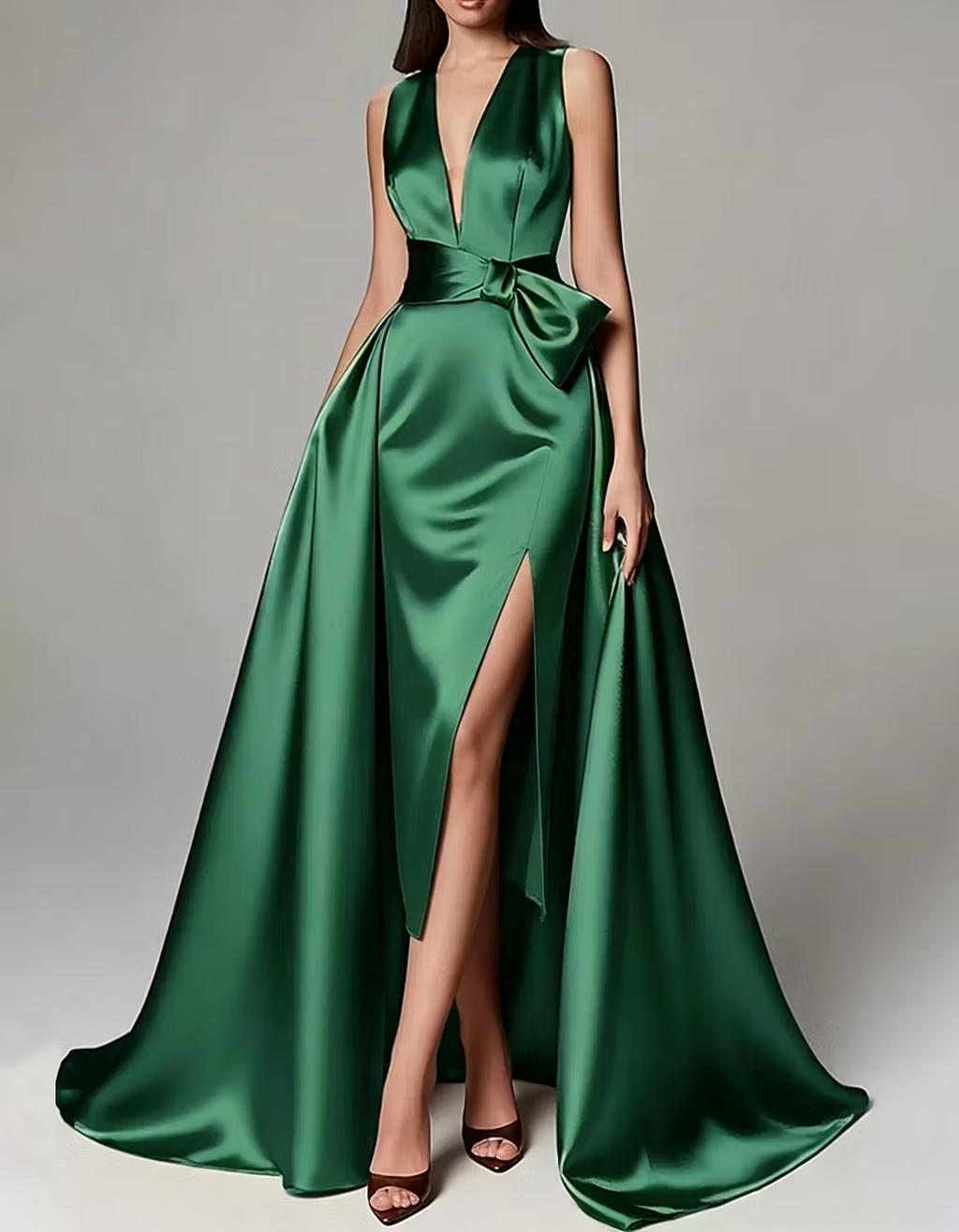 Satin V-neck Fitted Waist Maxi Dress