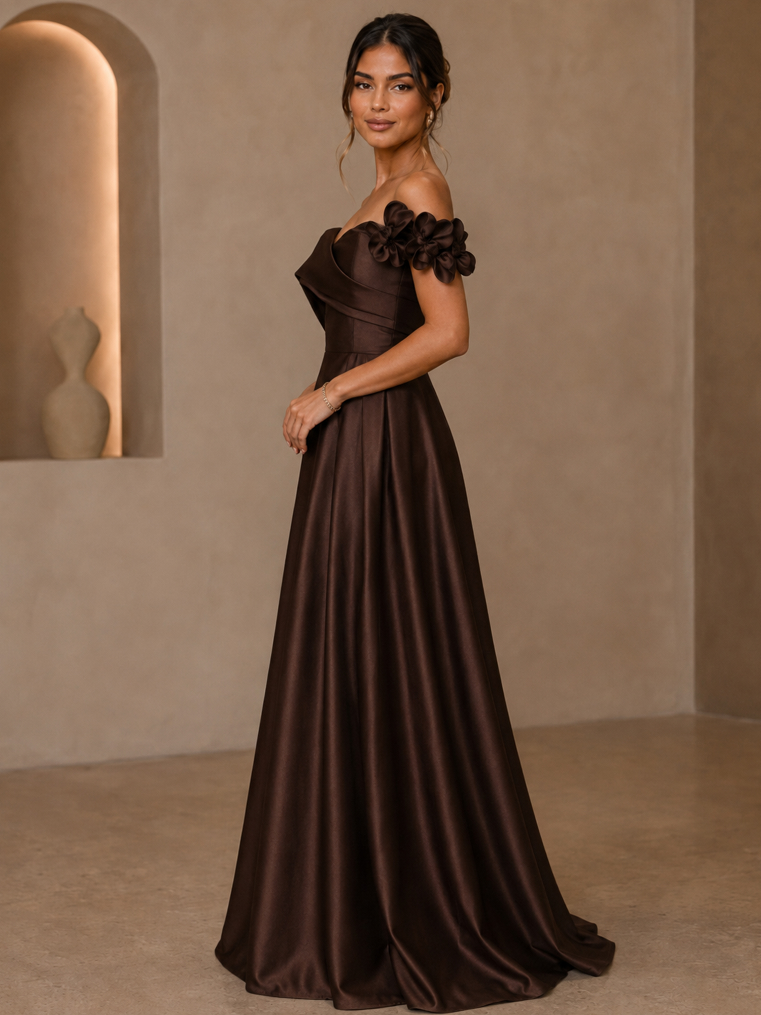 Dark Brown 3D Floral Off‑The‑Shoulder Sleeveless A‑Line Satin Maxi Gown