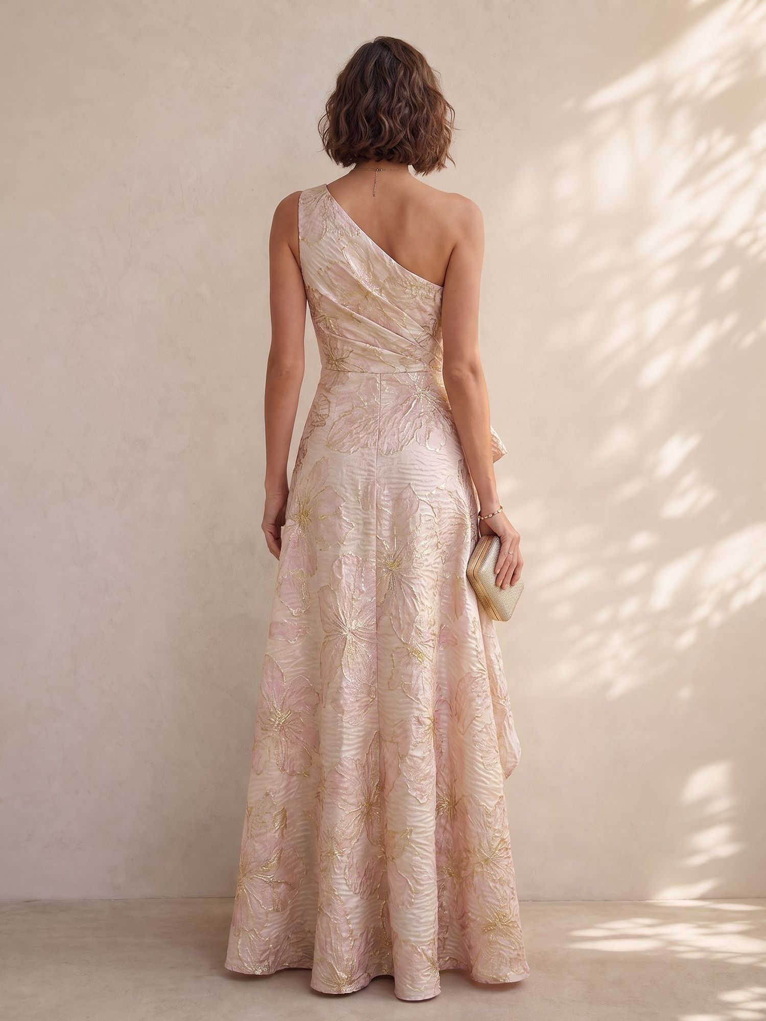 Blush Pink Gold Floral Jacquard One-Shoulder Gown with Cascading Ruffles & High Slit