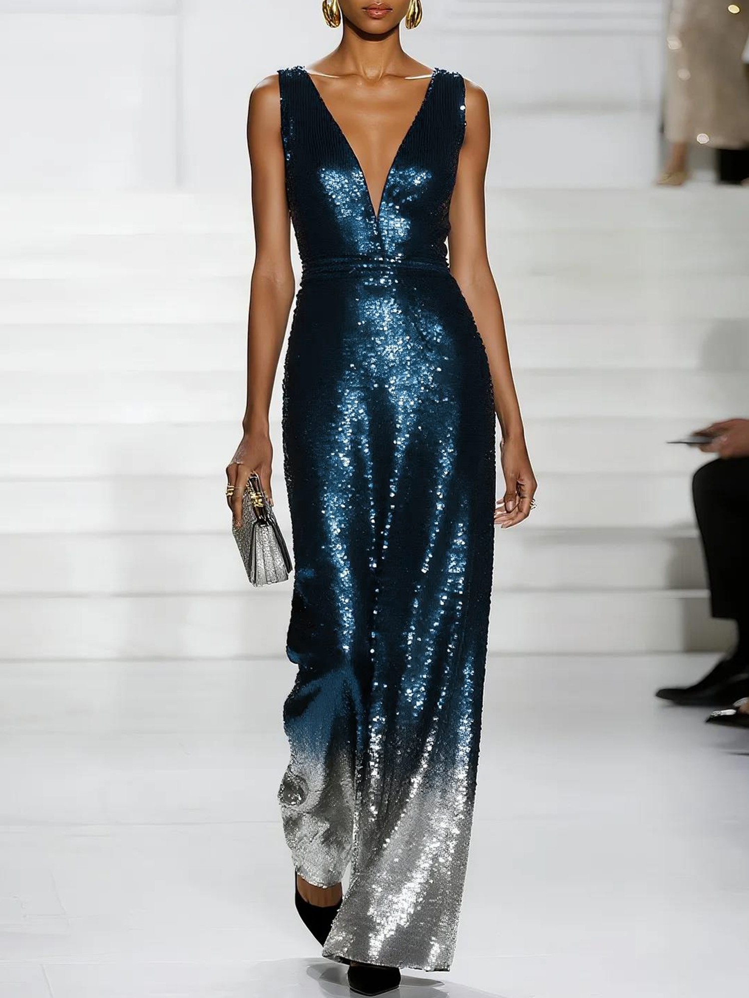 Navy Blue Ombre Sequin Deep V Neck Sleeveless Sheath Maxi Dress