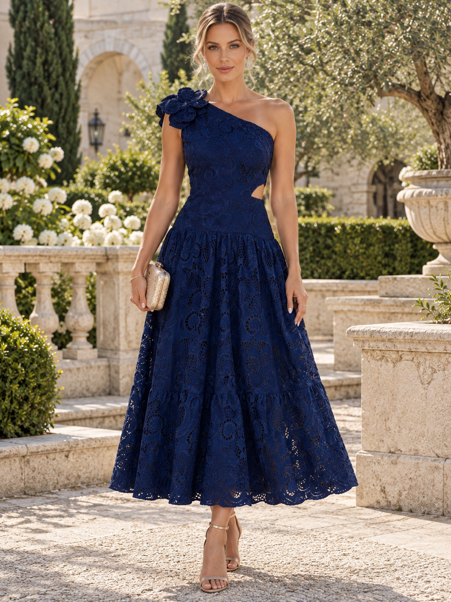 Navy Blue One-Shoulder Lace Floral Midi Dress – vulldy