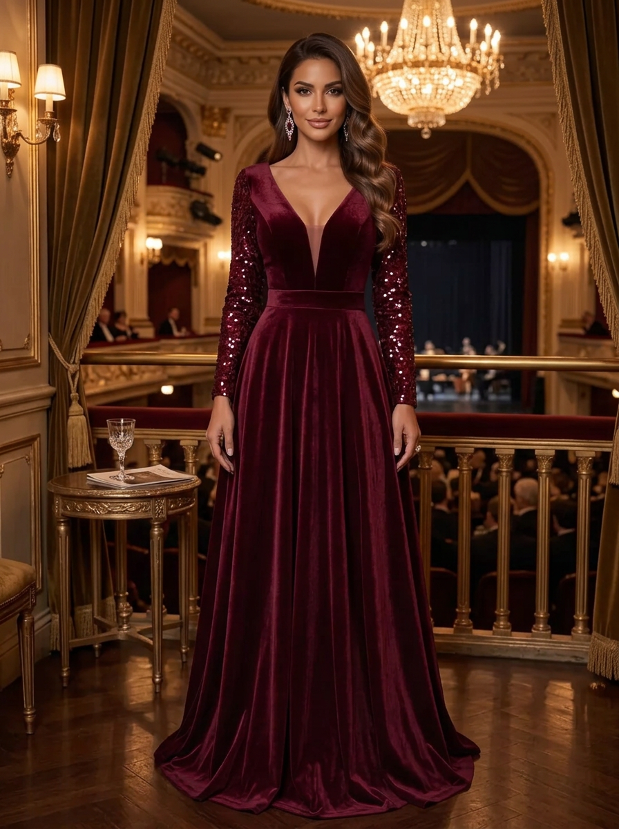 Burgundy V-Neck Sequin Long Sleeve Velvet A-Line Maxi Dress
