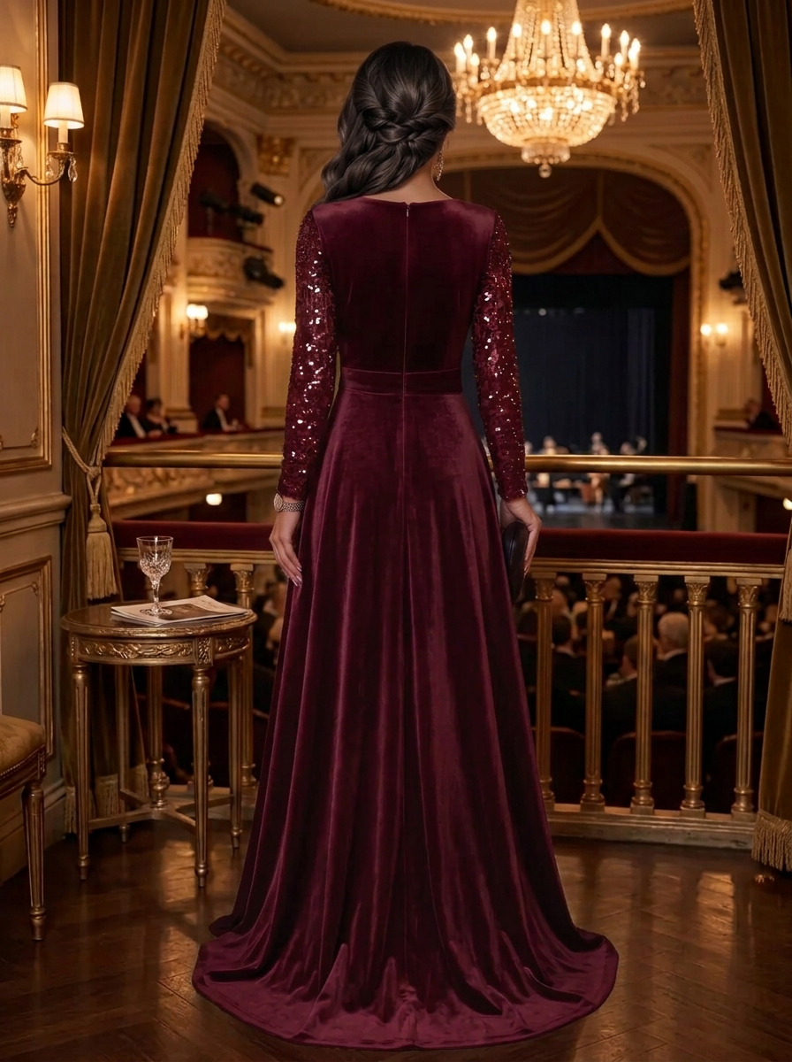 Burgundy V-Neck Sequin Long Sleeve Velvet A-Line Maxi Dress