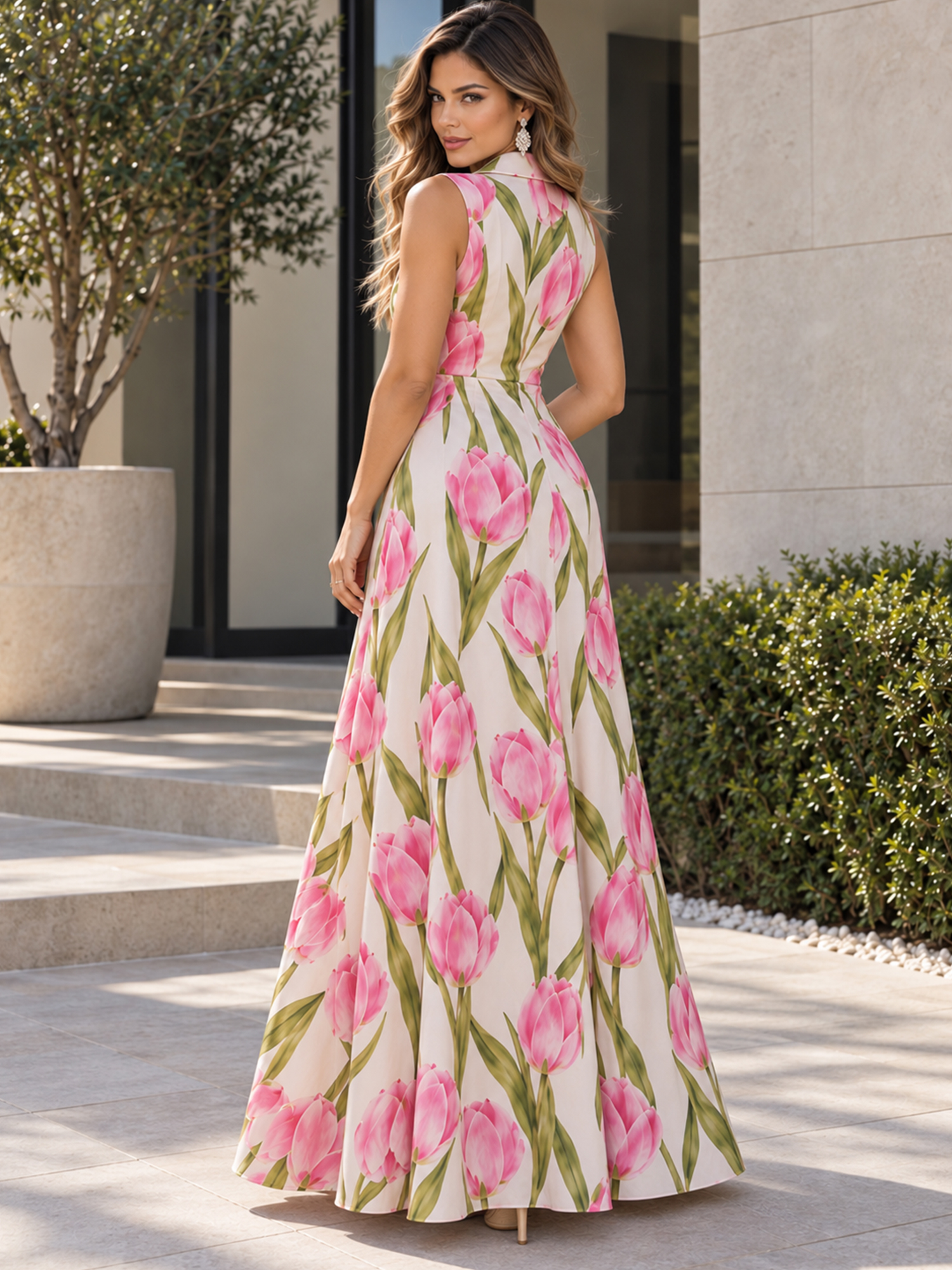 Ivory Tulip-Print Lapel-Collar Double-Breasted High-Slit A-Line Maxi Dress