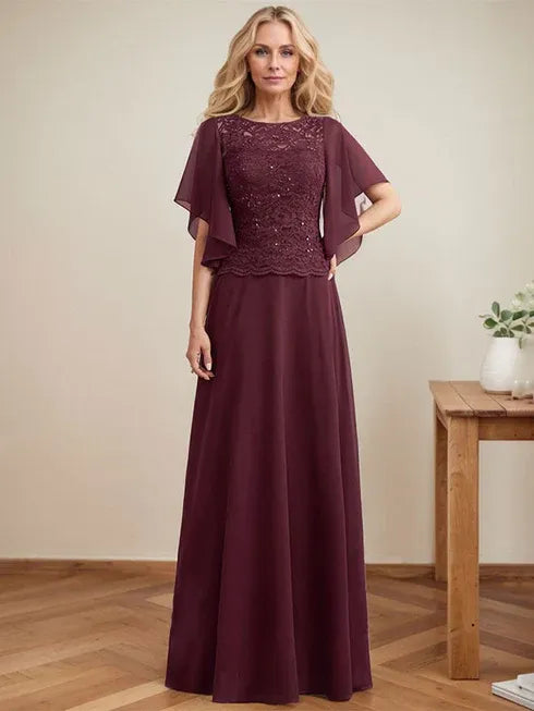 A-line Scoop Illusion Floor-Length Lace Chiffon Mother of the Bride Dress With Sequins