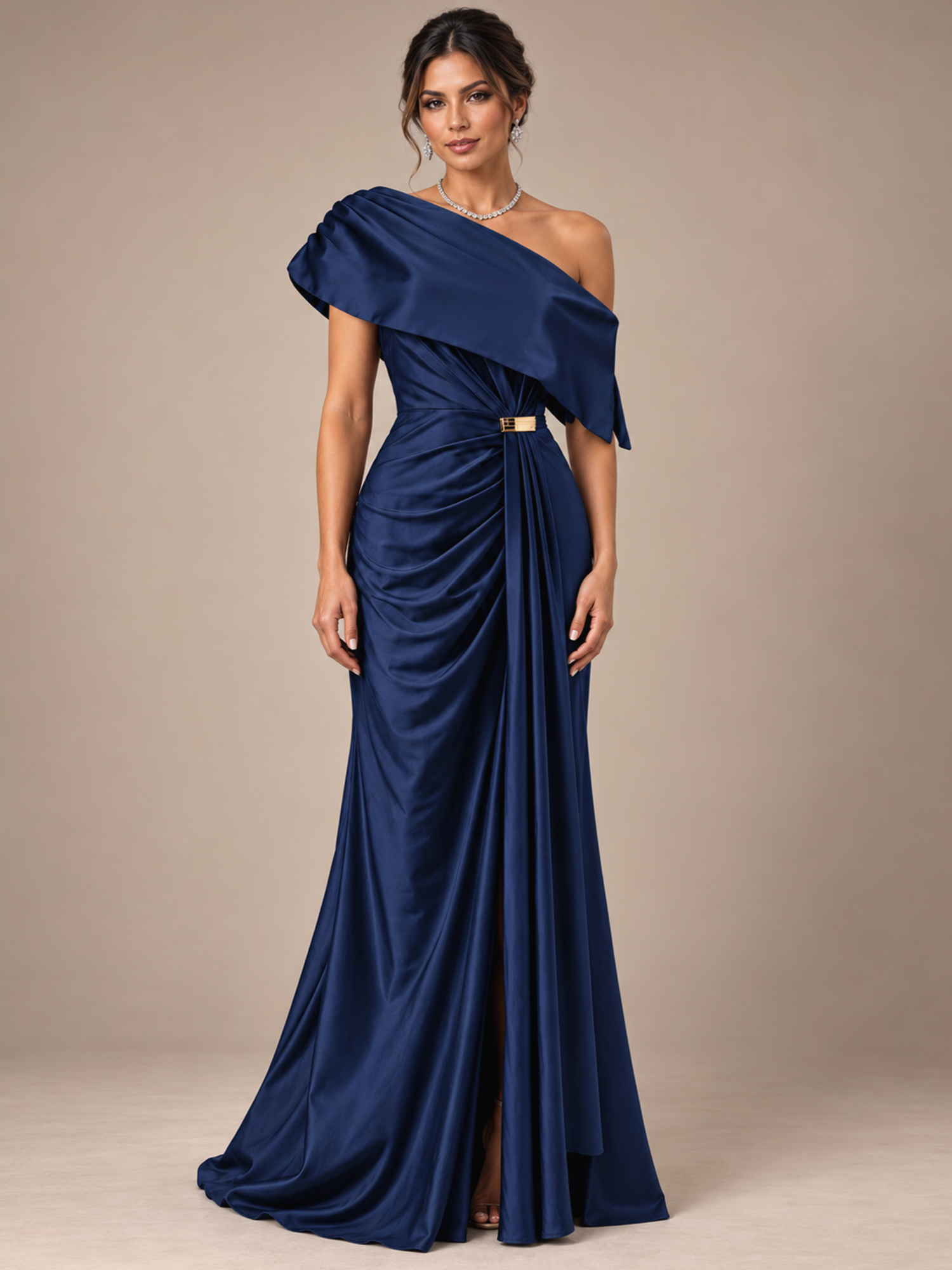 Navy Blue One-Shoulder Draped Buckle Mermaid Maxi Dress