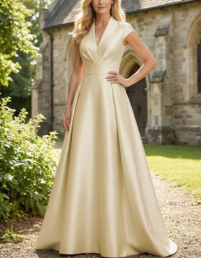 V-Neck Cap Sleeve High Waist Satin Maxi Dress