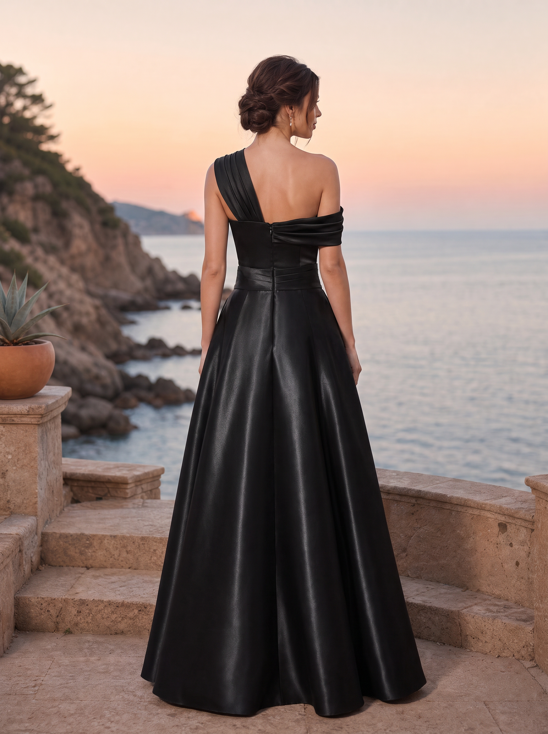 Black Satin One Shoulder A-Line Maxi Dress