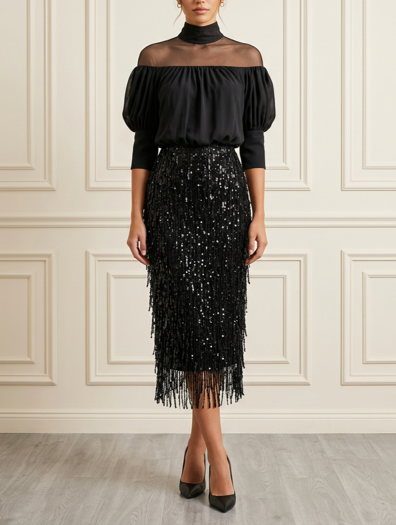 Black High Neck Puff Sleeve Sequin Fringe Two-Piece Set