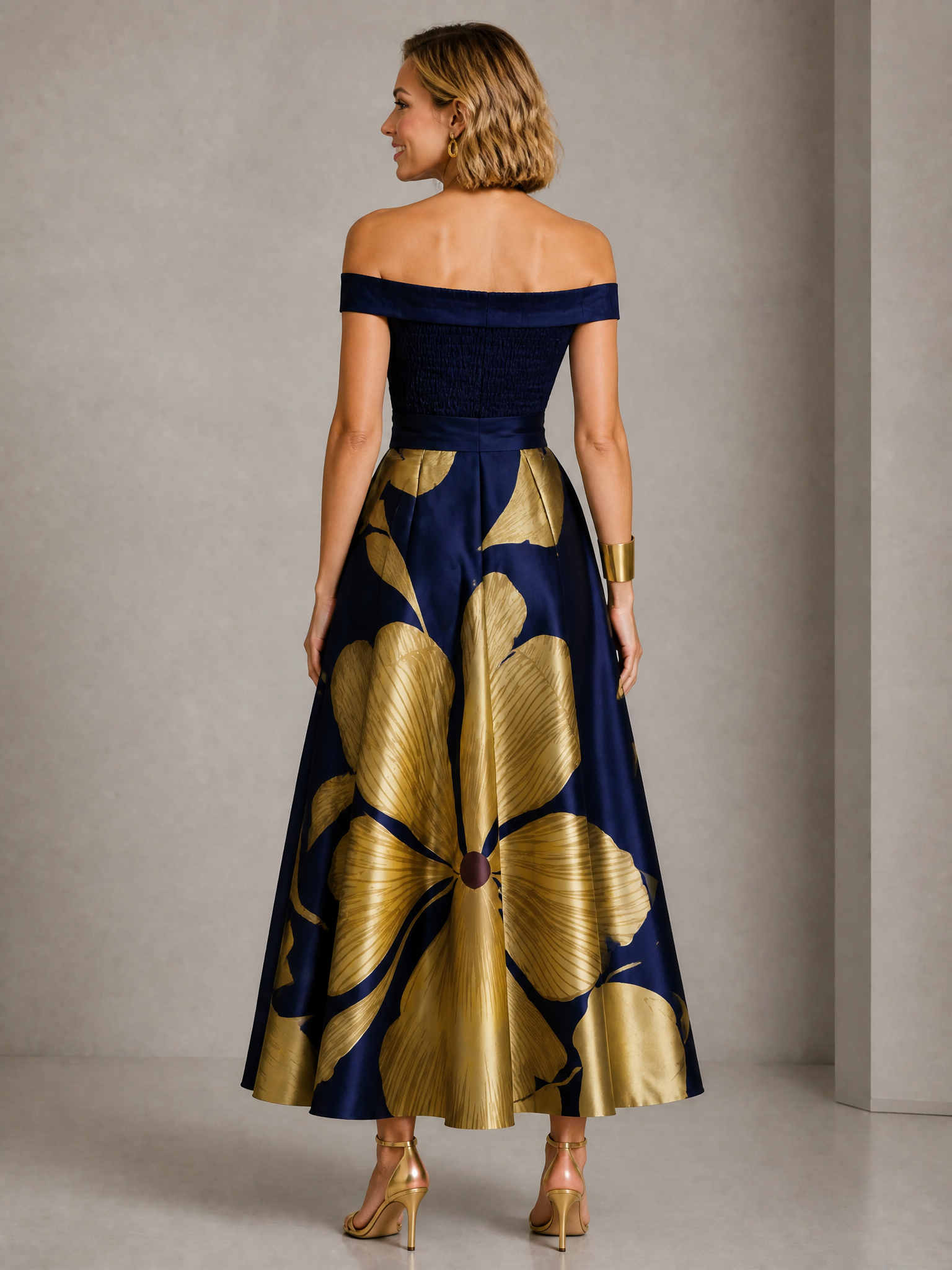 Navy Blue Strapless Ruched Bow Floral-Print Maxi Dress
