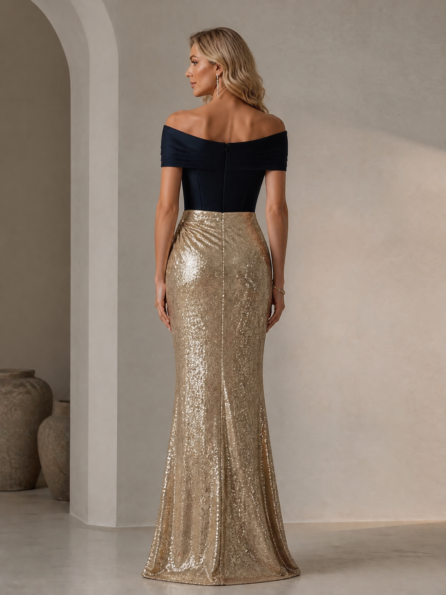 Navy Blue and Gold Off Shoulder Ruched Sequin Mermaid Maxi Dress