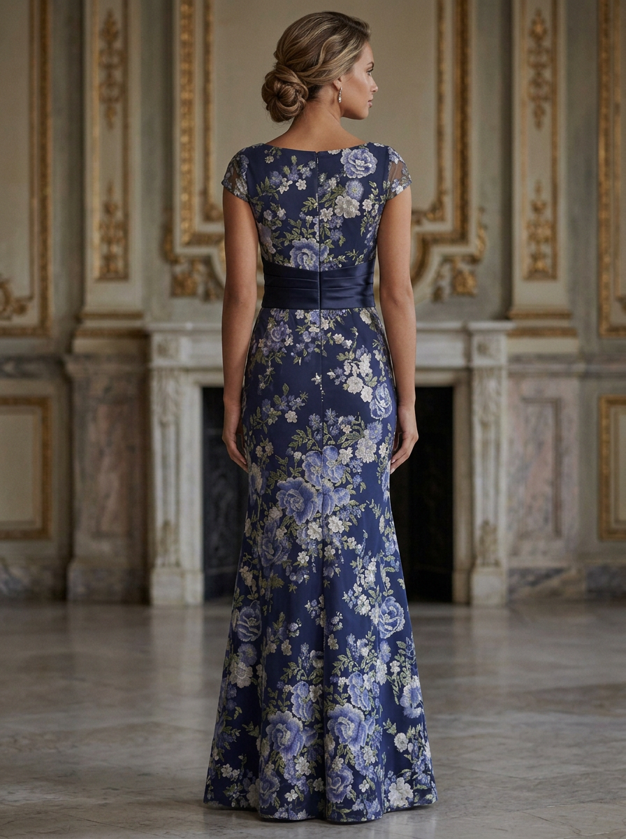 Navy Bateau Neck Cap Sleeve Floral Embroidered Mermaid Maxi Dress