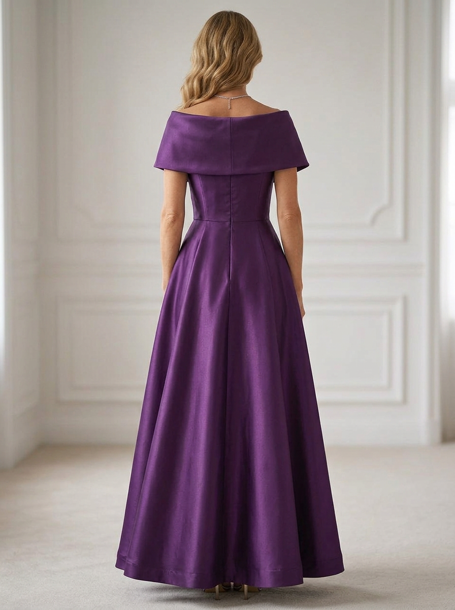  Deep Purple Satin One Shoulder Draped A-Line Maxi Dress