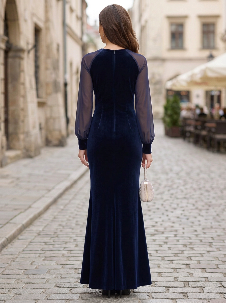 Navy Blue Beaded Keyhole Sheer Sleeve Mermaid Maxi Dress