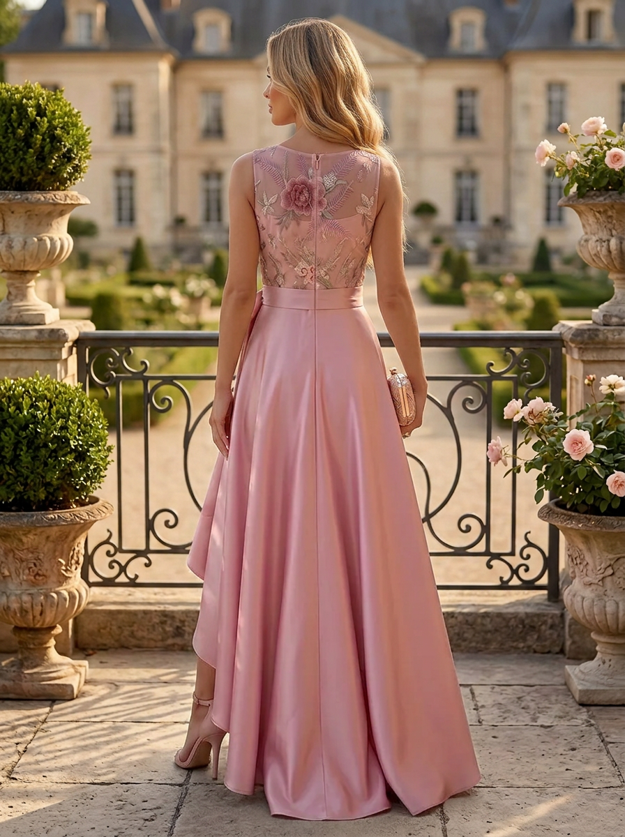 Satin A-Line High-Low with Floral Embroidery Bodice & Ruffles Maxi Dress