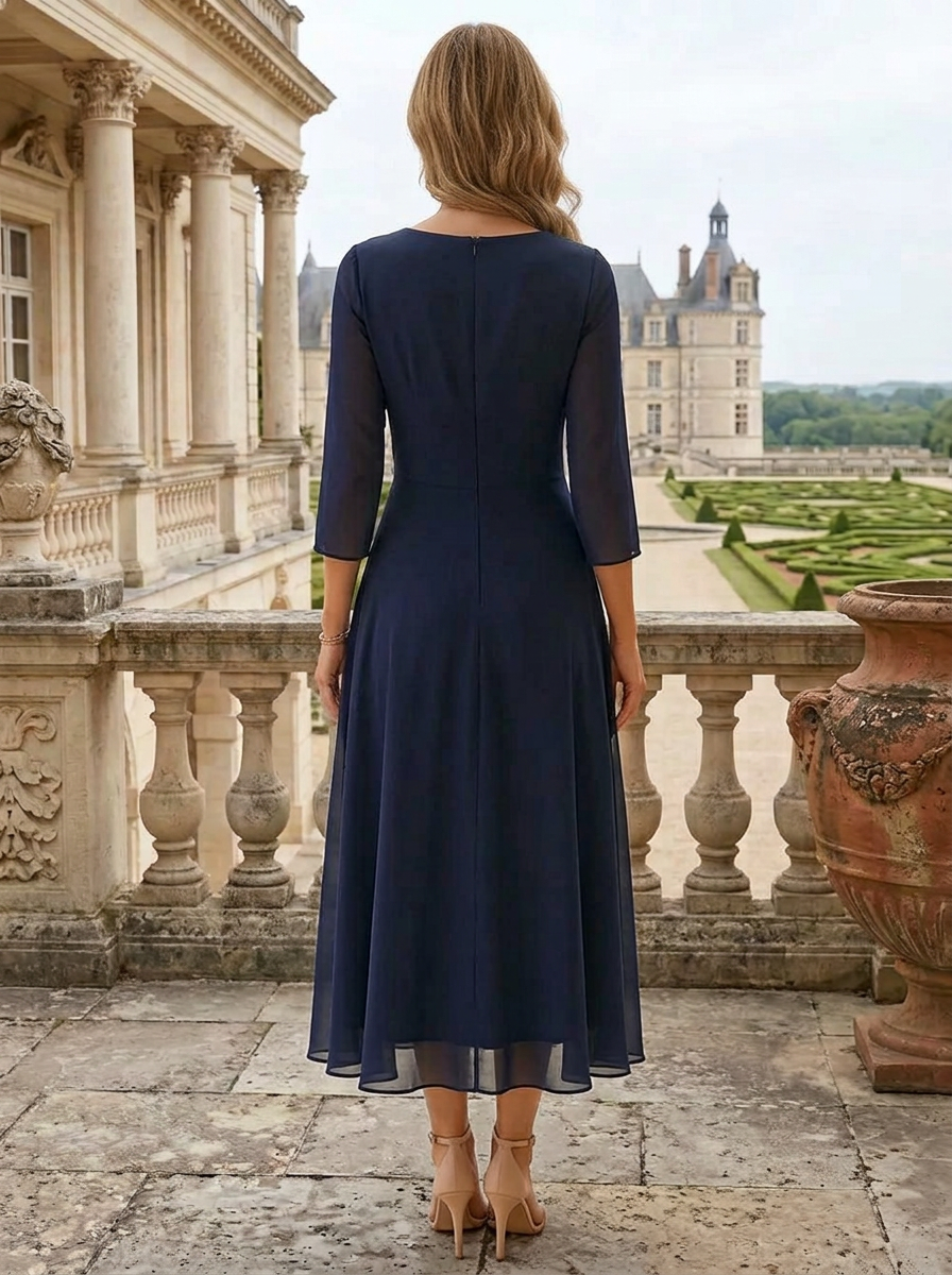 Navy Blue V-Neck Three-Quarter Sleeve Chiffon Lace Appliqué Midi Dress