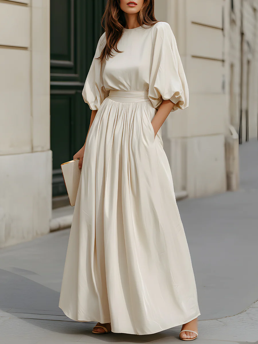 Beige Puff Sleeve High Waist Pleated Maxi Dress