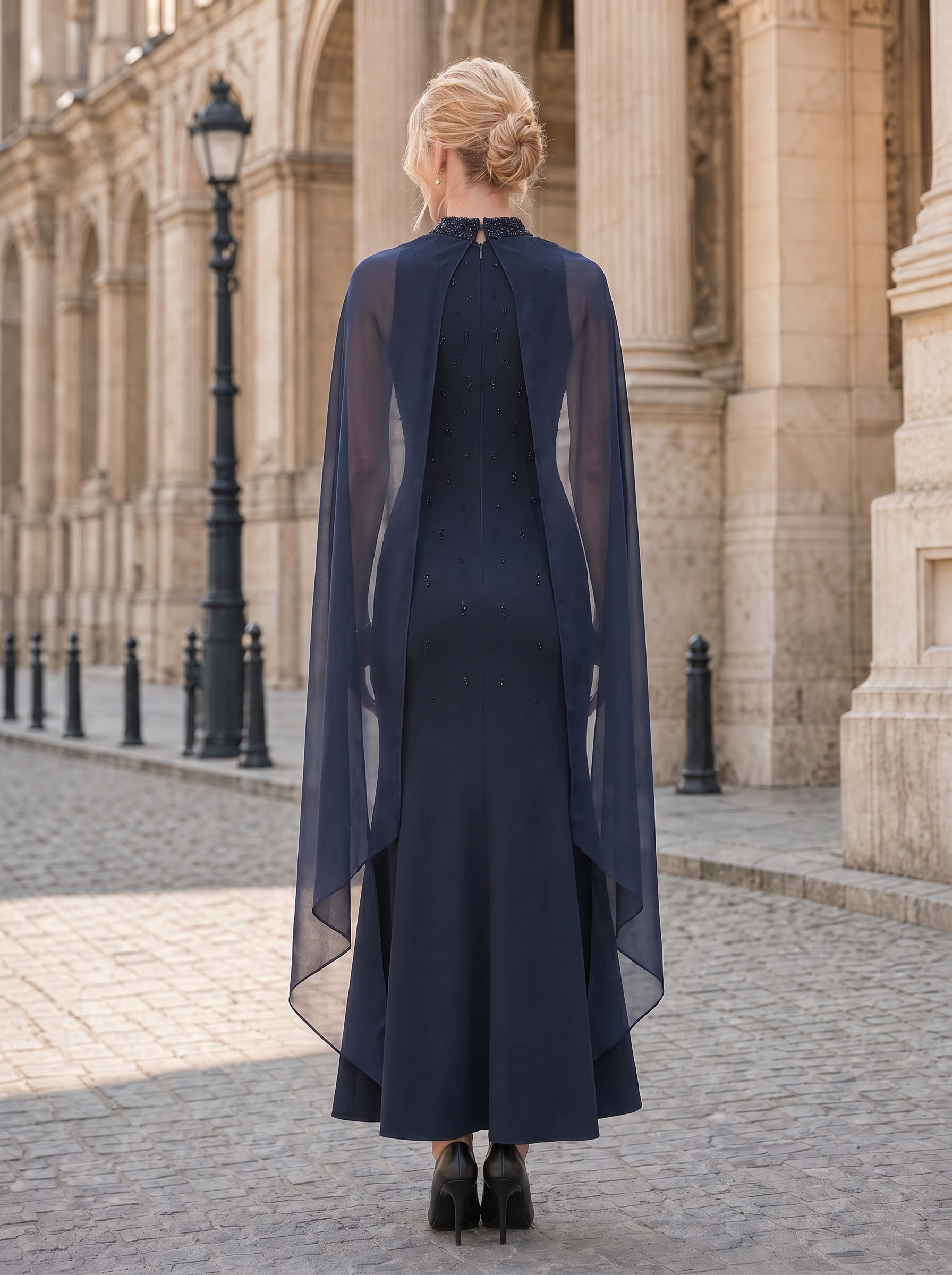 Navy Blue High Neck Chiffon Cape Midi Dress