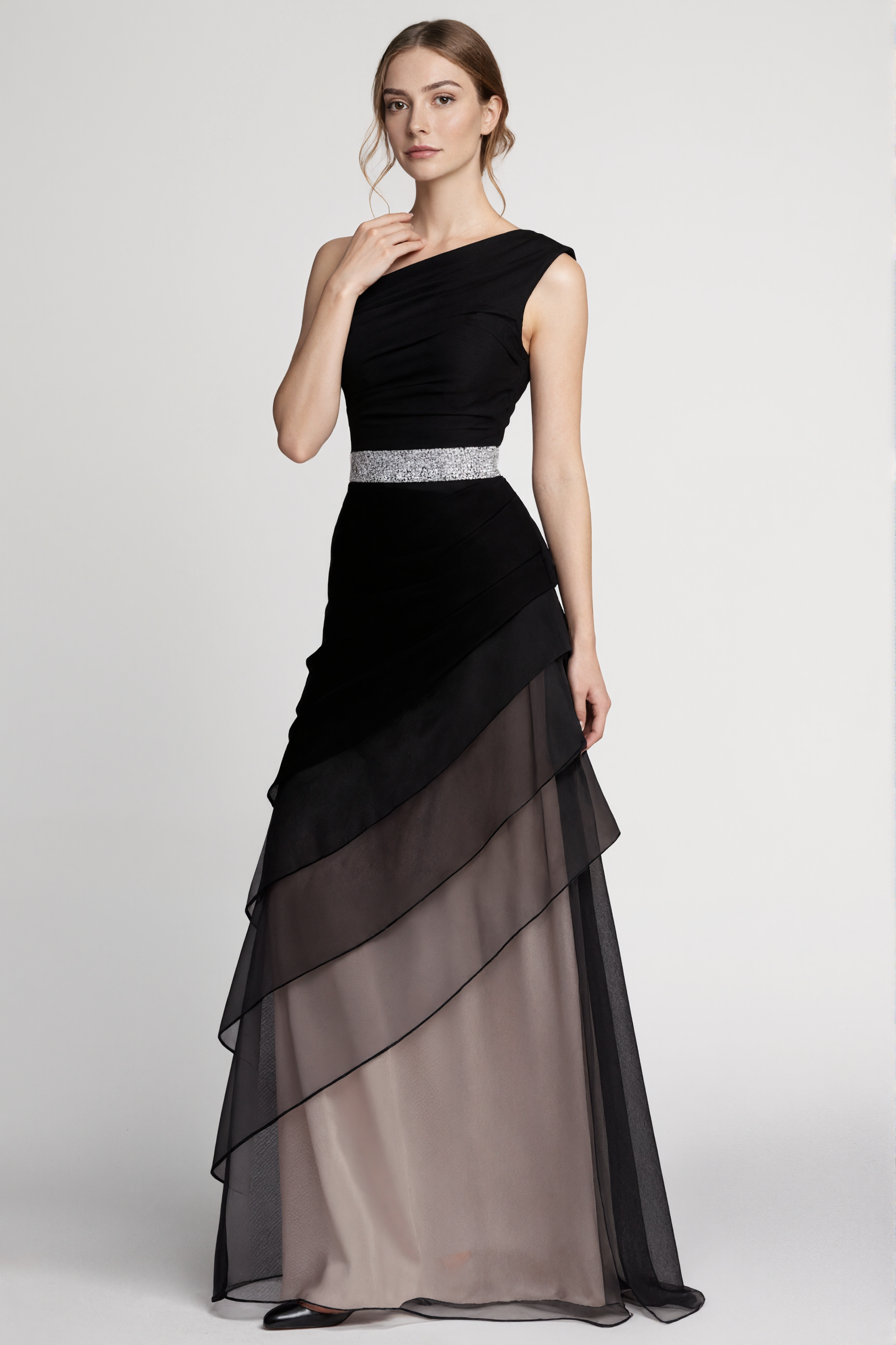 Formal Evening Dress Black One-Shoulder Multi-Layered Silver Belt Maxi Gown