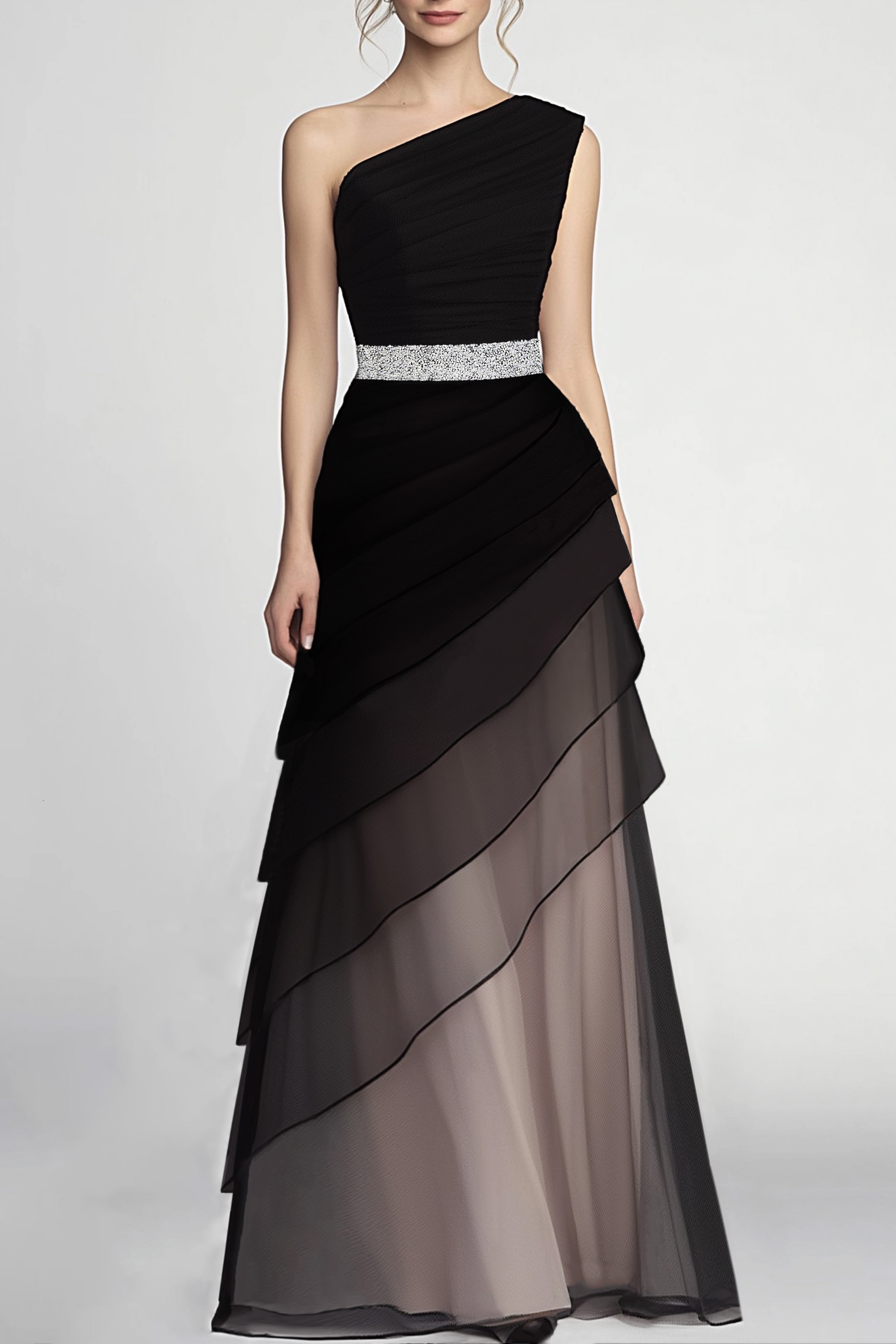 Formal Evening Dress Black One-Shoulder Multi-Layered Silver Belt Maxi Gown