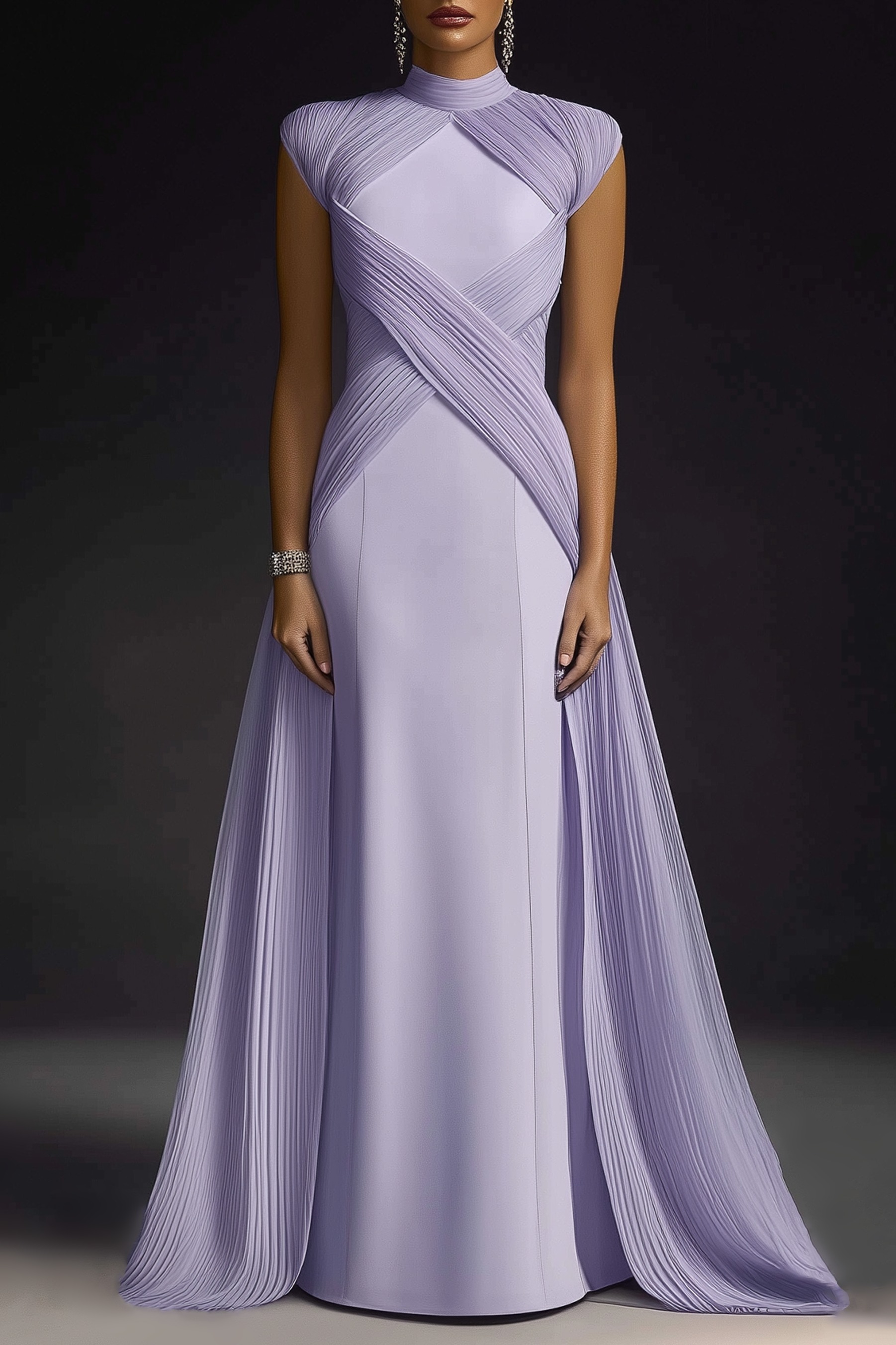 Formal Evening Dress Purple Stand Collar Pleated Train Maxi Gown