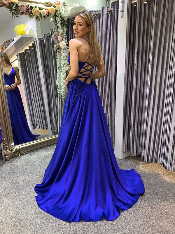 Blue A Line Spaghetti Straps V Neck Satin Long Prom Dress with Slit