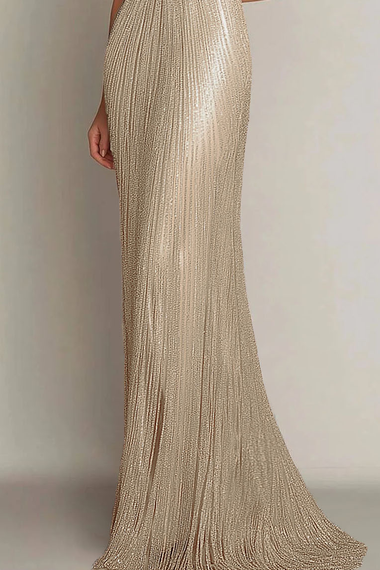 Evening Formal Dress Gold Sequin Off-The-Shoulder Maxi Gown