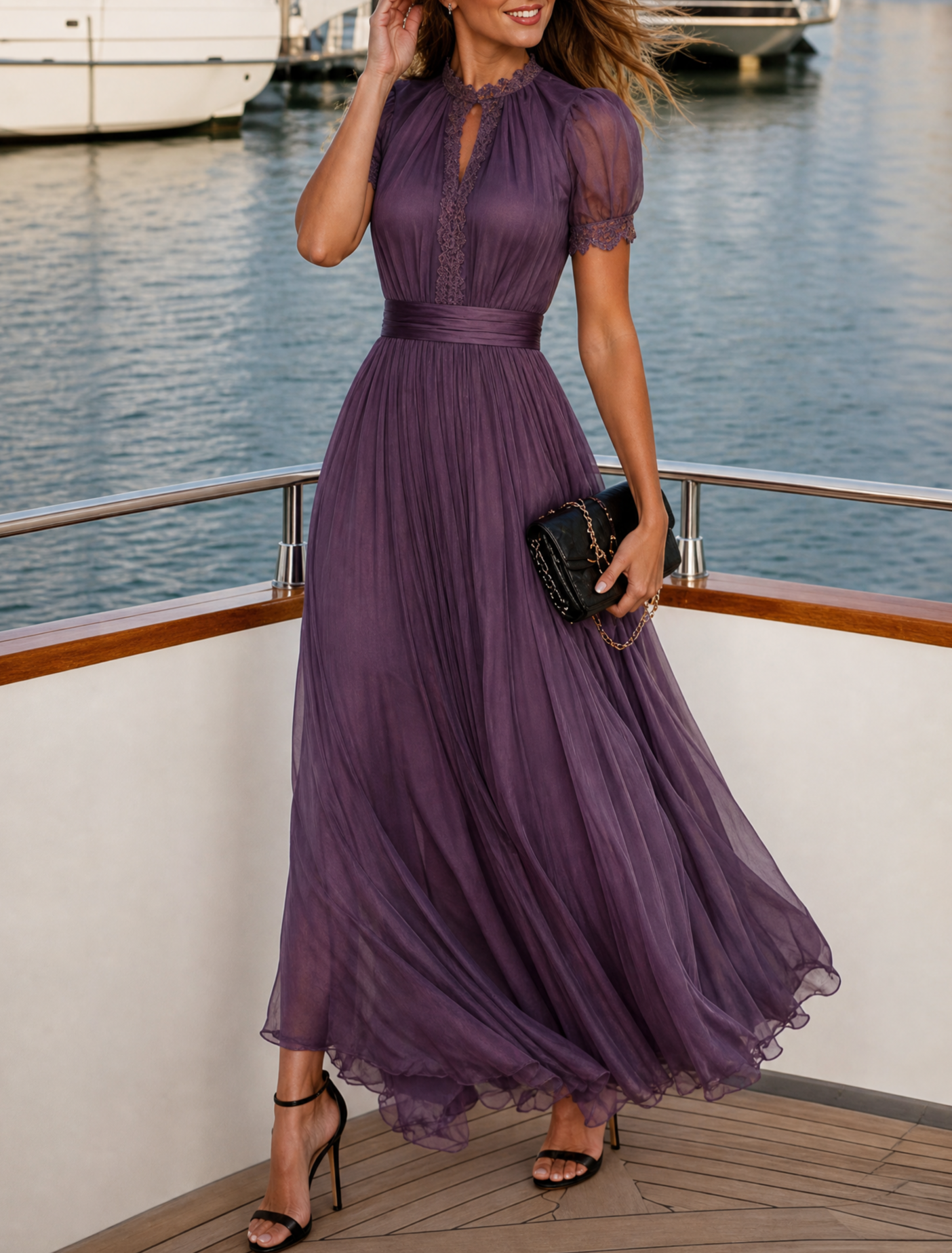 Plum Sheer Pleated Short Sleeve A-Line Maxi Evening Gown Dress