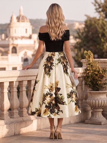 Black Off‑The‑Shoulder Short‑Sleeve A‑Line Floral Printed Satin Midi Dress