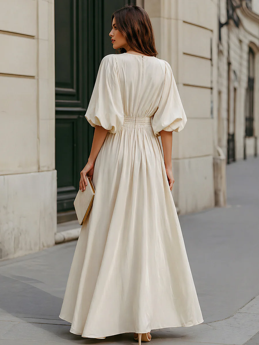 Beige Puff Sleeve High Waist Pleated Maxi Dress