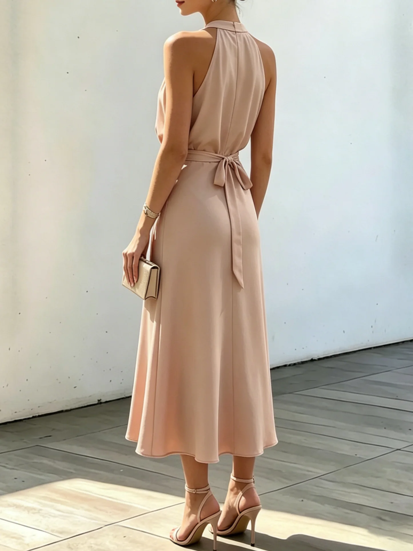 Blush Pink Halter Keyhole Belted Midi Dress