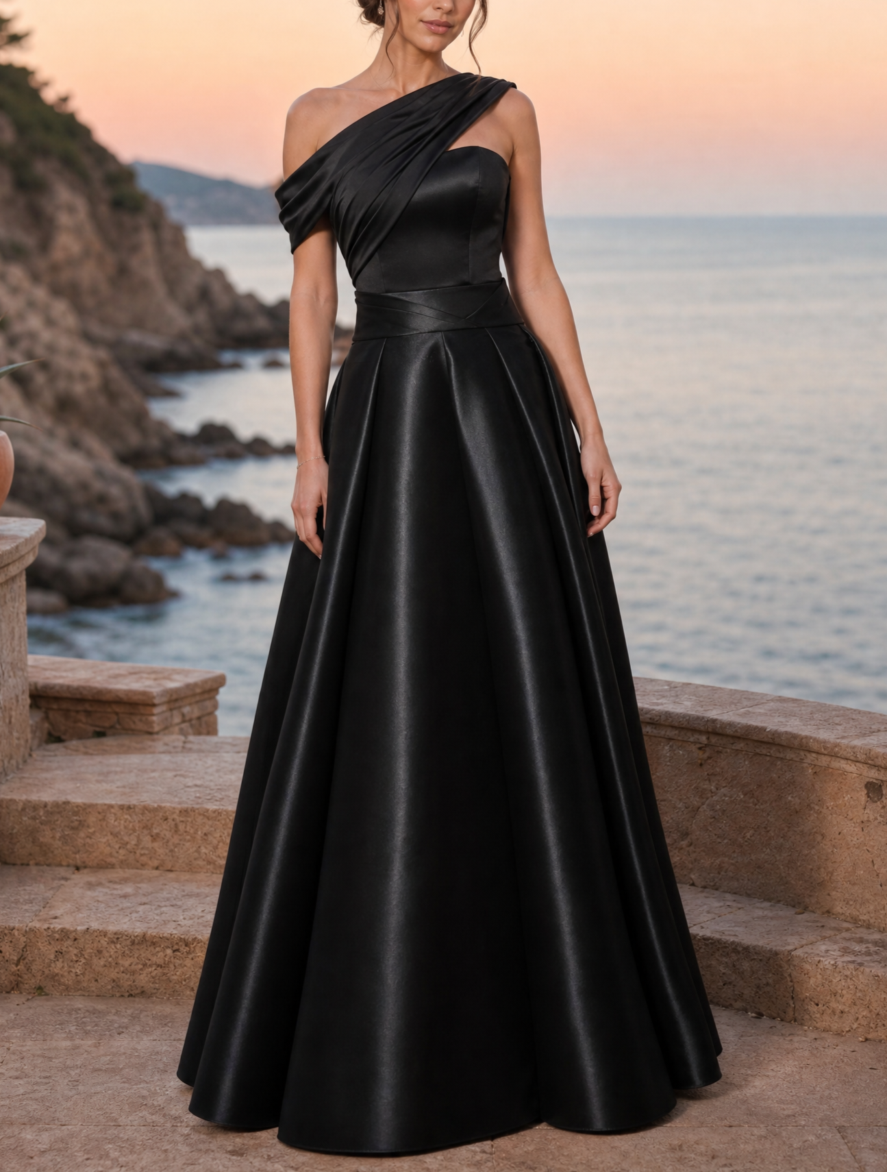 Black Satin One Shoulder A-Line Maxi Dress