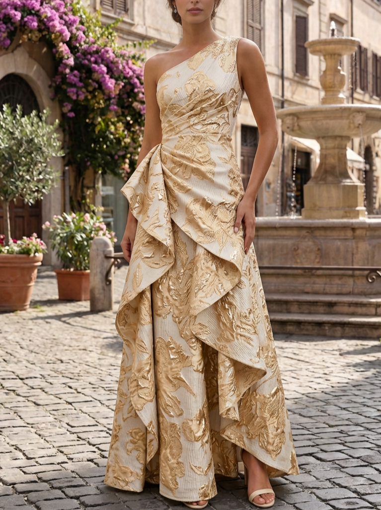 Gold One-Shoulder Sleeveless Floral Jacquard Asymmetric Ruffle A-Line Maxi Dress
