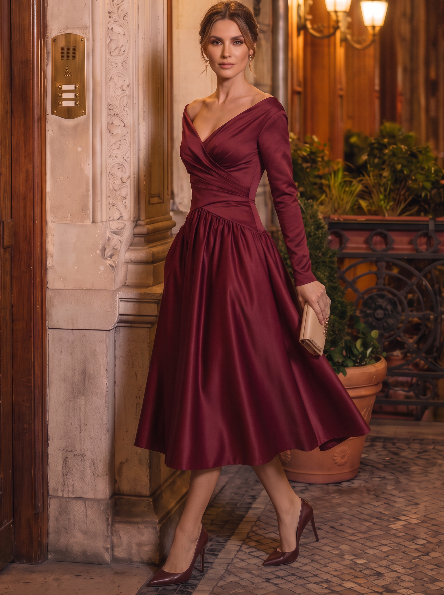 Burgundy Ruched Classic V Neck Long Sleeve A-Line Midi Dress